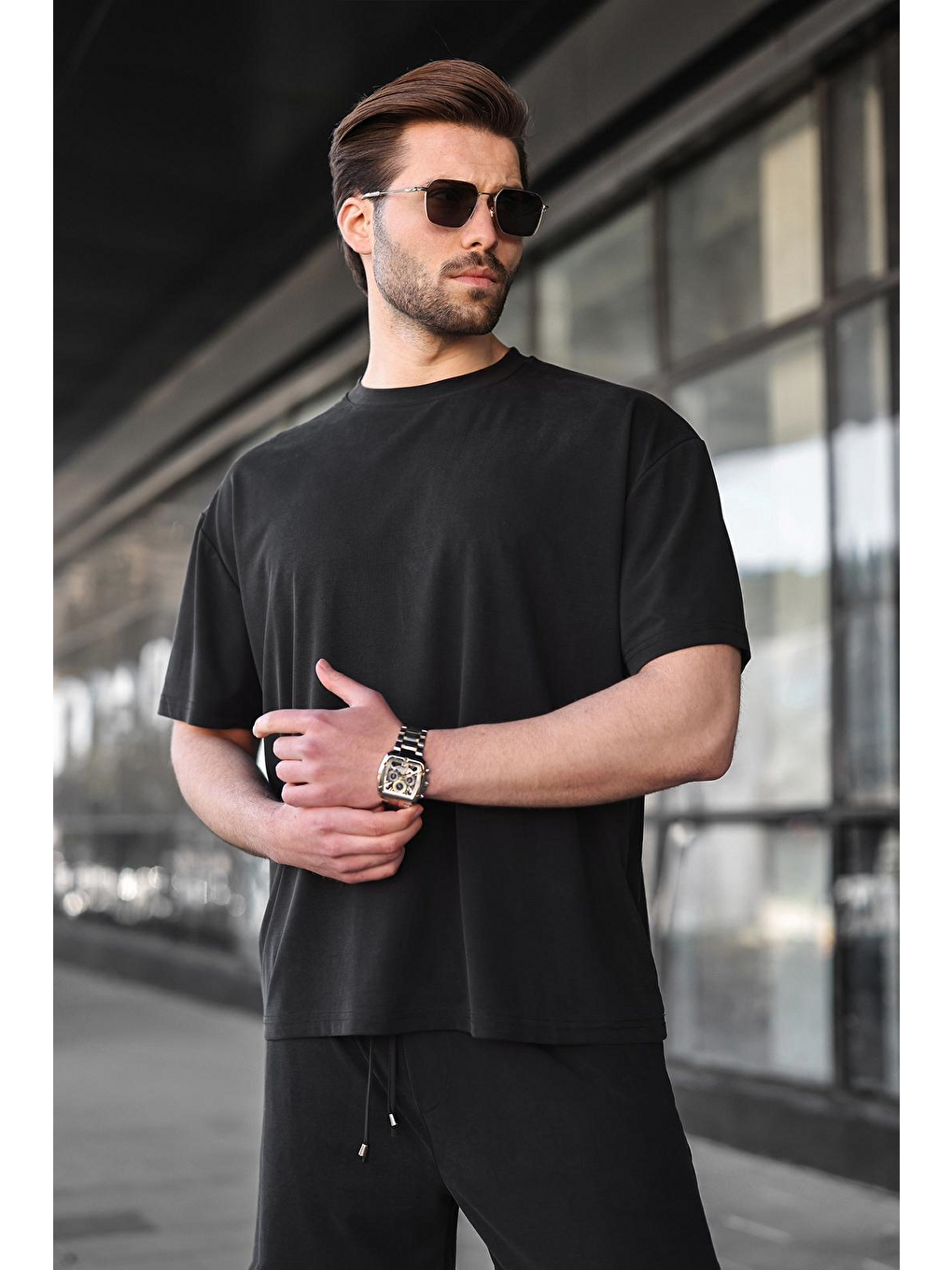 Siyah Kumaş Erkek Şort Tişört Takım E7349-4