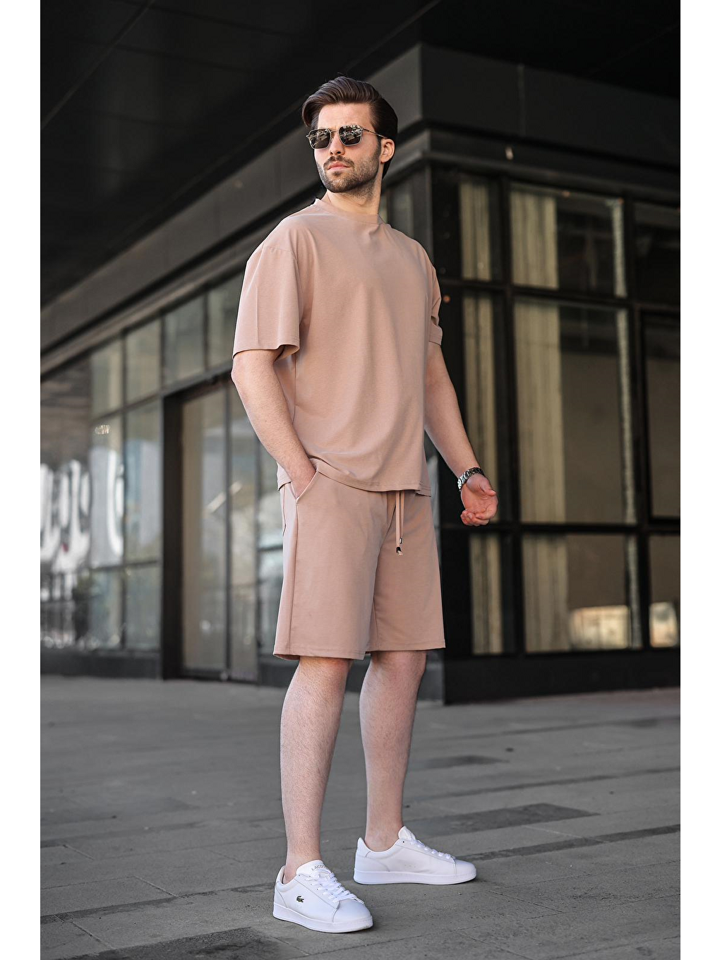 Bej Taş Rengi Kumaş Erkek Şort Tişört Takım E7349-4