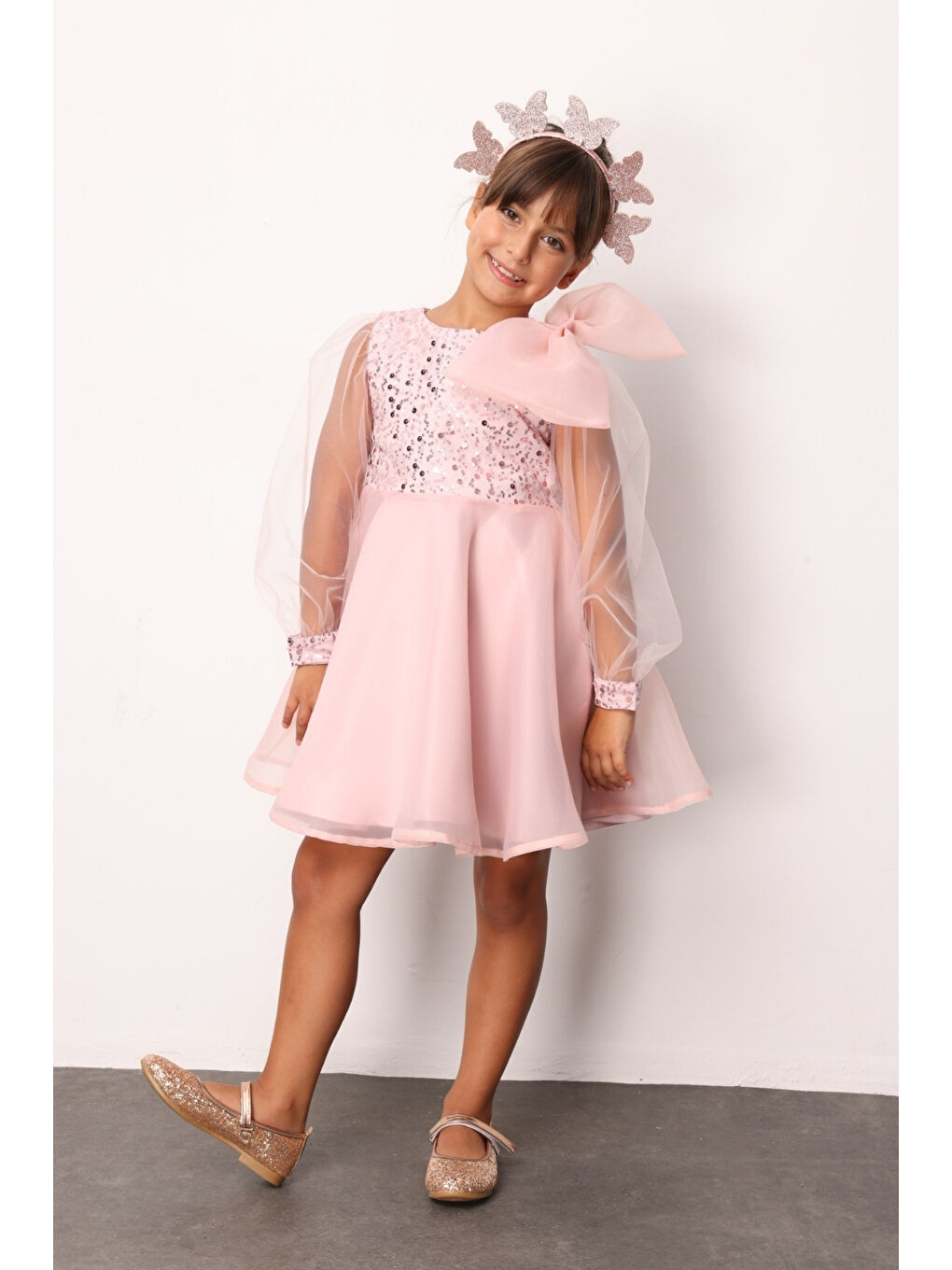 Pembe Pudra Fiyonk Detaylı Pullu Kız Çocuk Elbise - Wendy-1