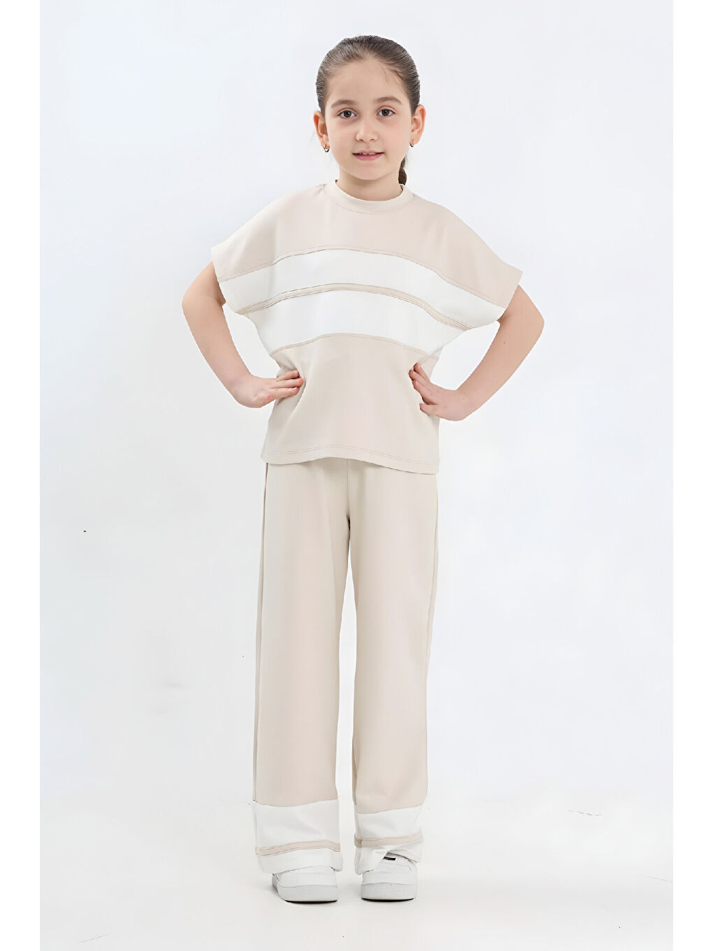 Ekru Kız Çocuk Double Face Kumaş Alt Üst Takım 7-12 Yaş 12640-1