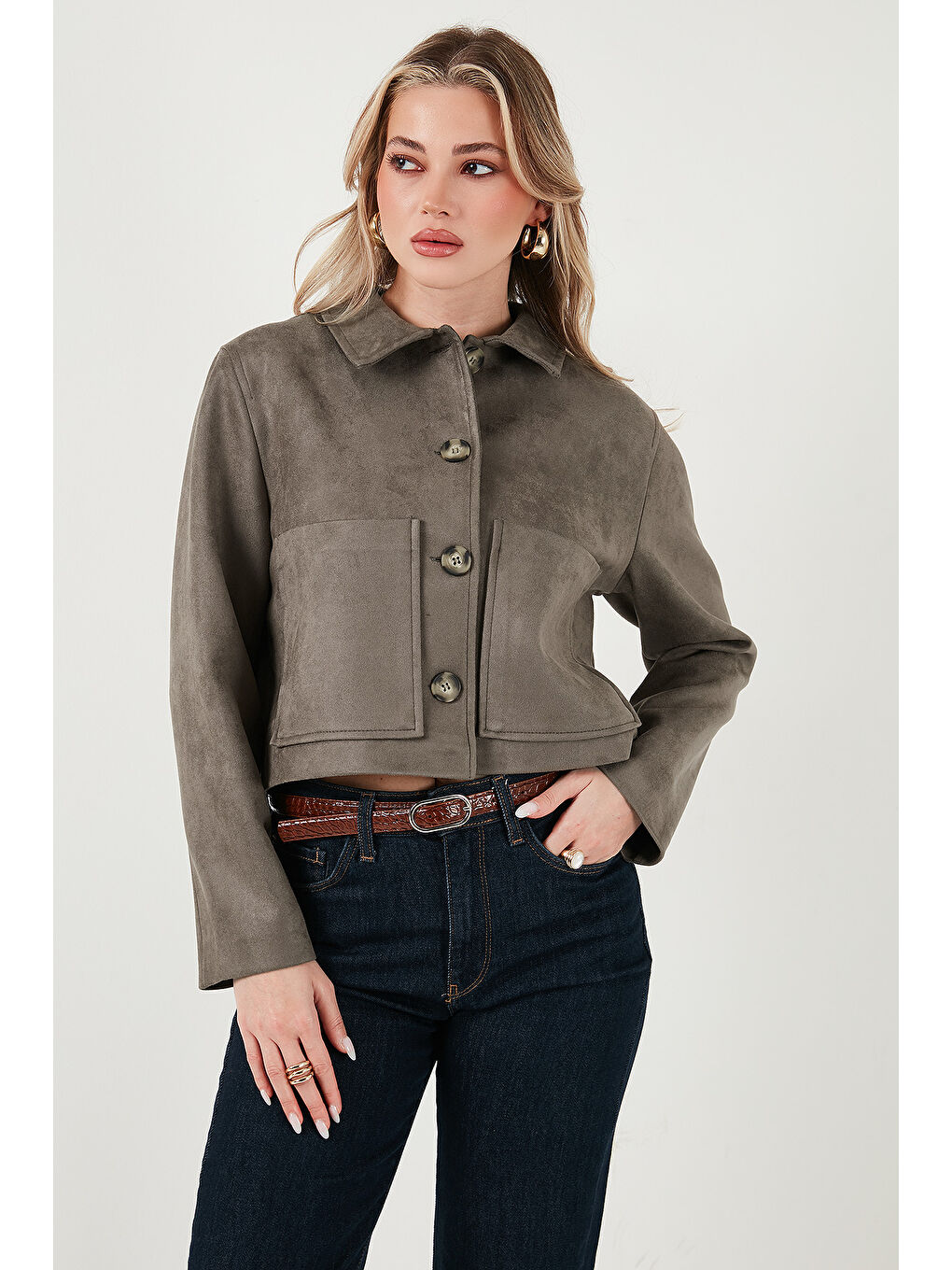 Haki Regular Fit Klasik Yaka Süet Dokulu Cep Detaylı Kadın Ceket 6524992-3