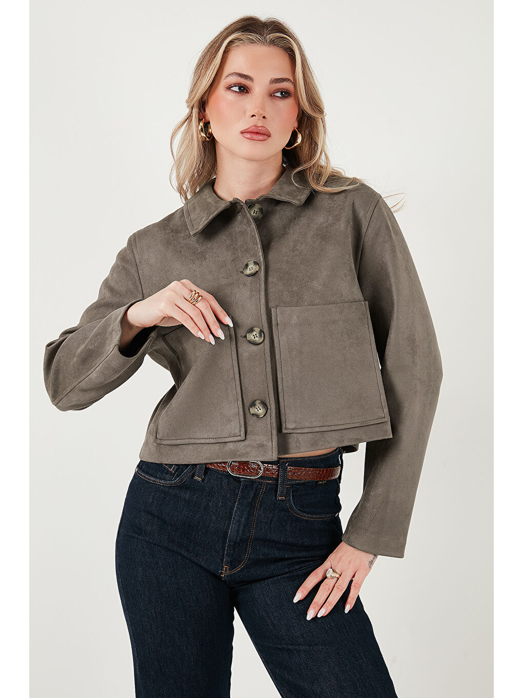 Haki Regular Fit Klasik Yaka Süet Dokulu Cep Detaylı Kadın Ceket 6524992-4