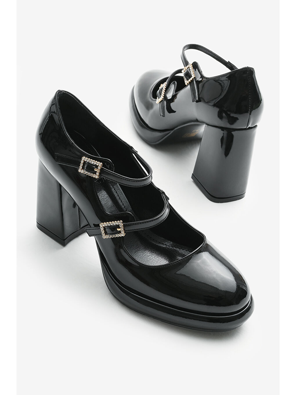 Kadın Siyah Neolit Taban Çift Bantlı Kalın Topuklu Ayakkabı-3