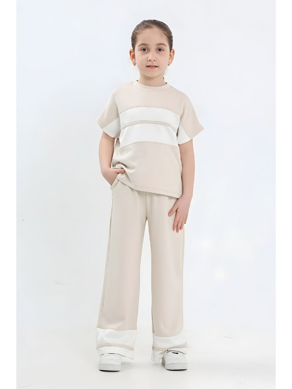 Ekru Kız Çocuk Double Face Kumaş Alt Üst Takım 7-12 Yaş 12640-2