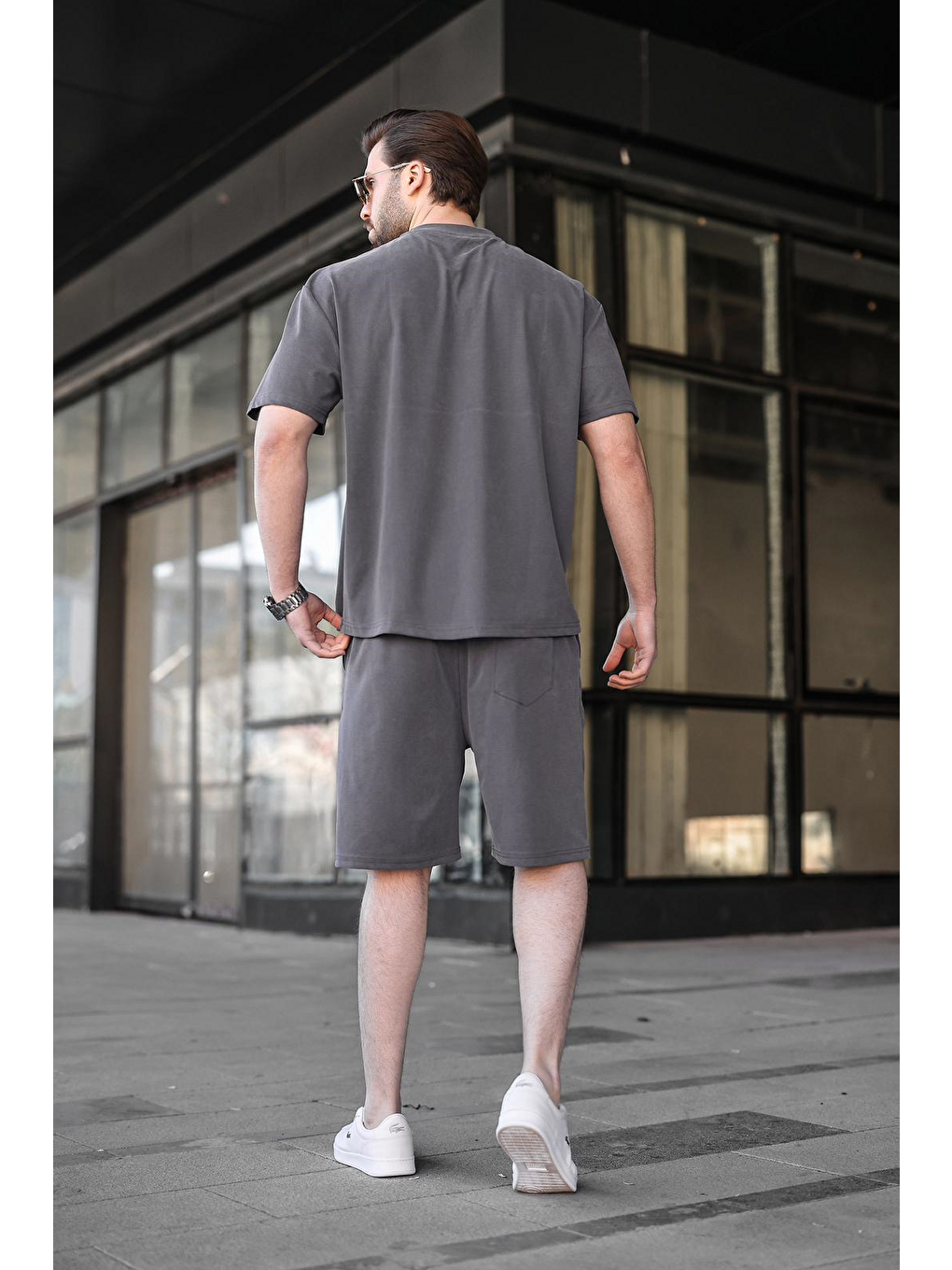 Boyalı Gri Kumaş Erkek Şort Tişört Takım E7349-3