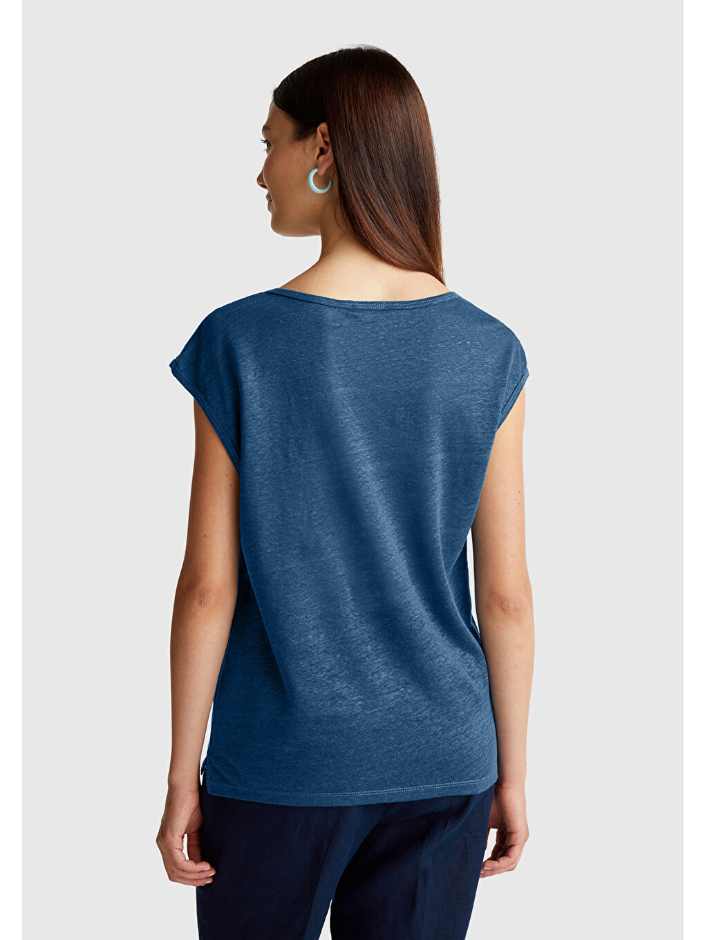 Mavi Kadın Denim %100 Keten Yanları Yırtmaçlı Relax Fit Yuvarlak Yaka T-Shirt-2