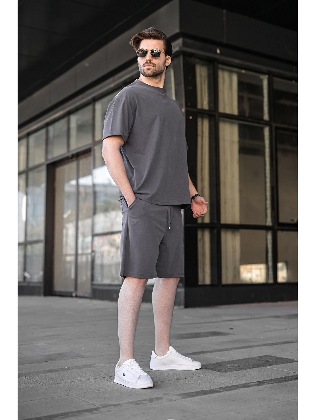 Boyalı Gri Kumaş Erkek Şort Tişört Takım E7349-4