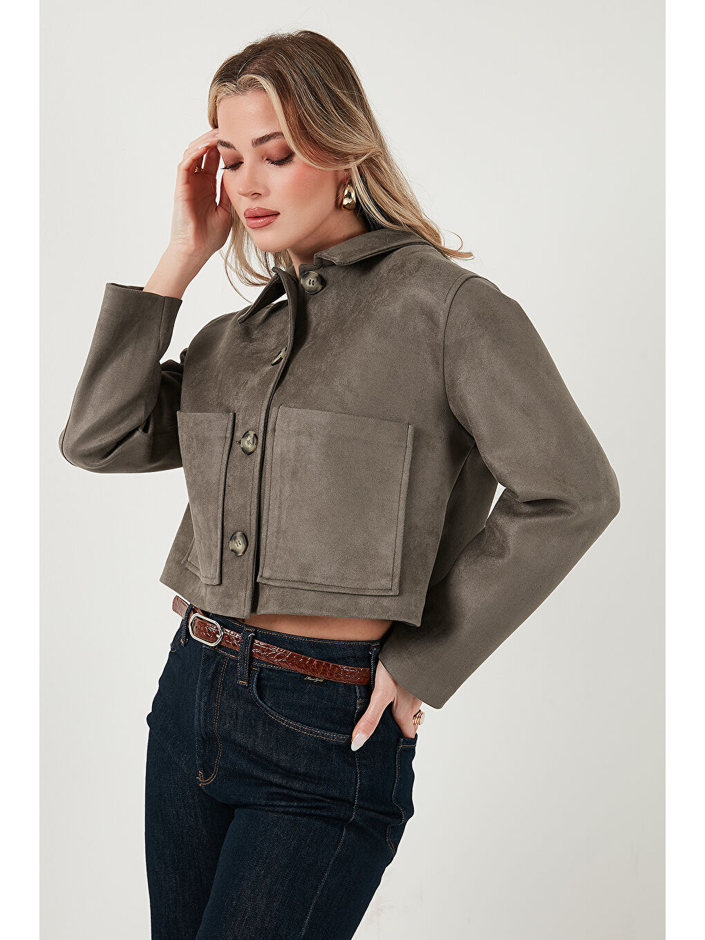 Haki Regular Fit Klasik Yaka Süet Dokulu Cep Detaylı Kadın Ceket 6524992-5