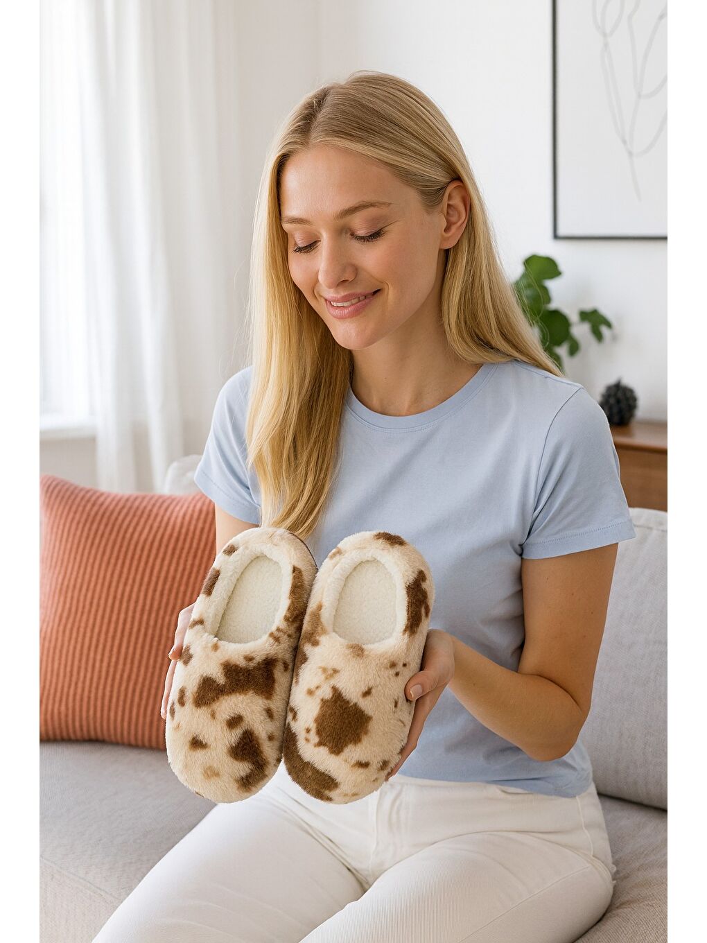 Kahverengi PUFFY Kadın Ev Terliği Kışlık Terlik Kauçuk Ses Yapmaz Taban-2