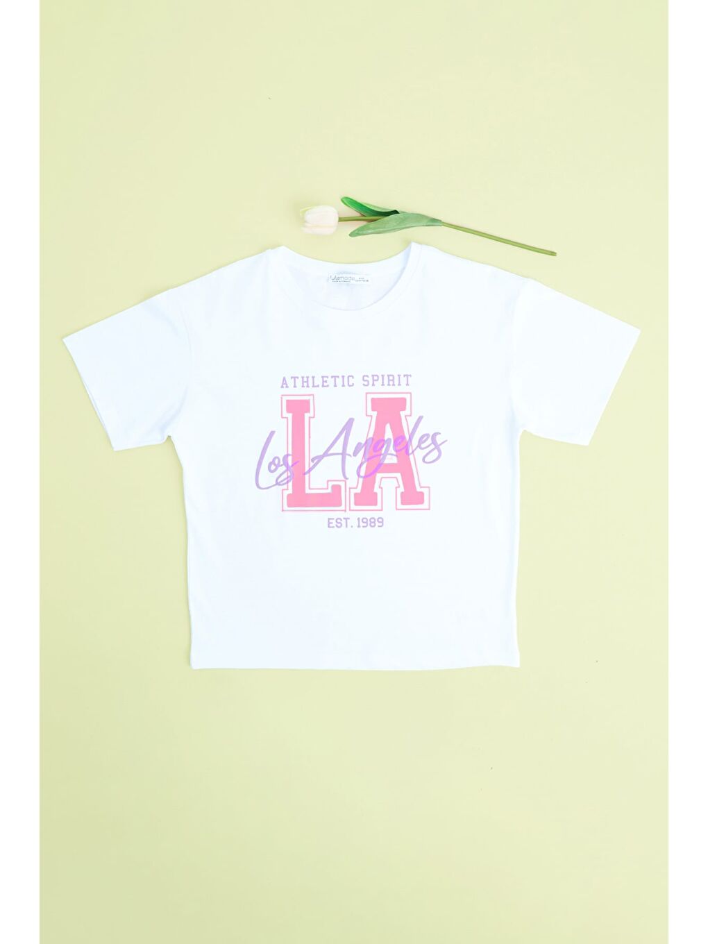 Beyaz Los Angeles Baskılı Kız Çocuk Crop Tişört