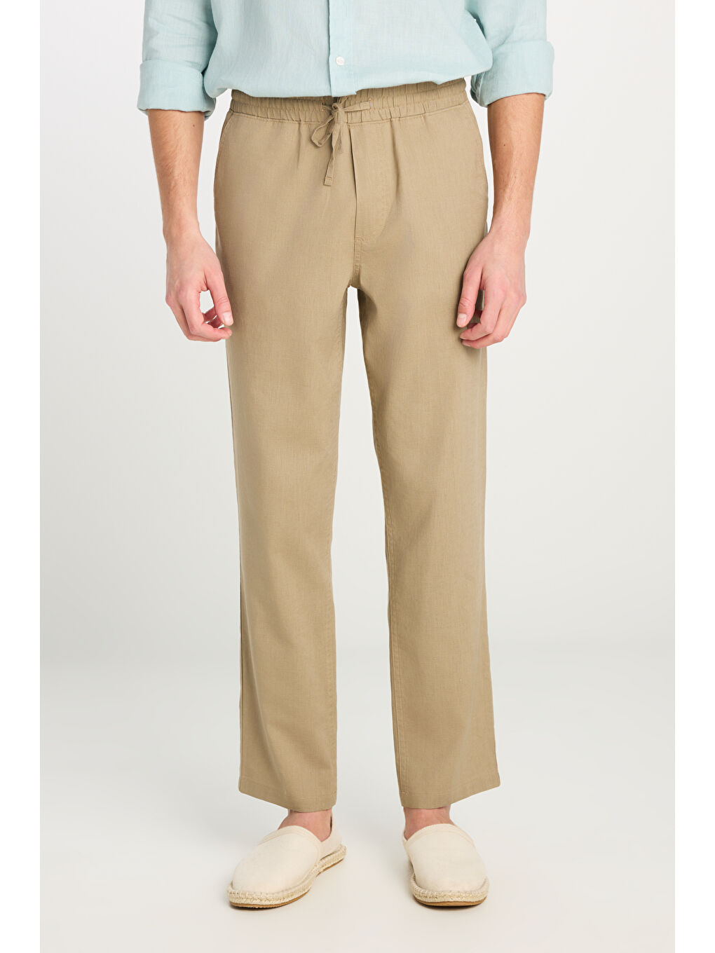 Kahverengi Regular Fit Normal Kesim Lastik Bel Detaylı Keten Karışımlı Deve Tüyü Pantolon-2