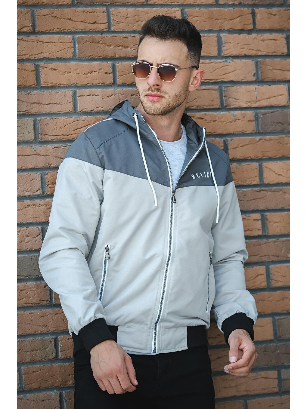 Gri Believe Baskılı Suya Dayanaklı Slim Fit Erkek Mevsimlik Mont Yağmurluk-1