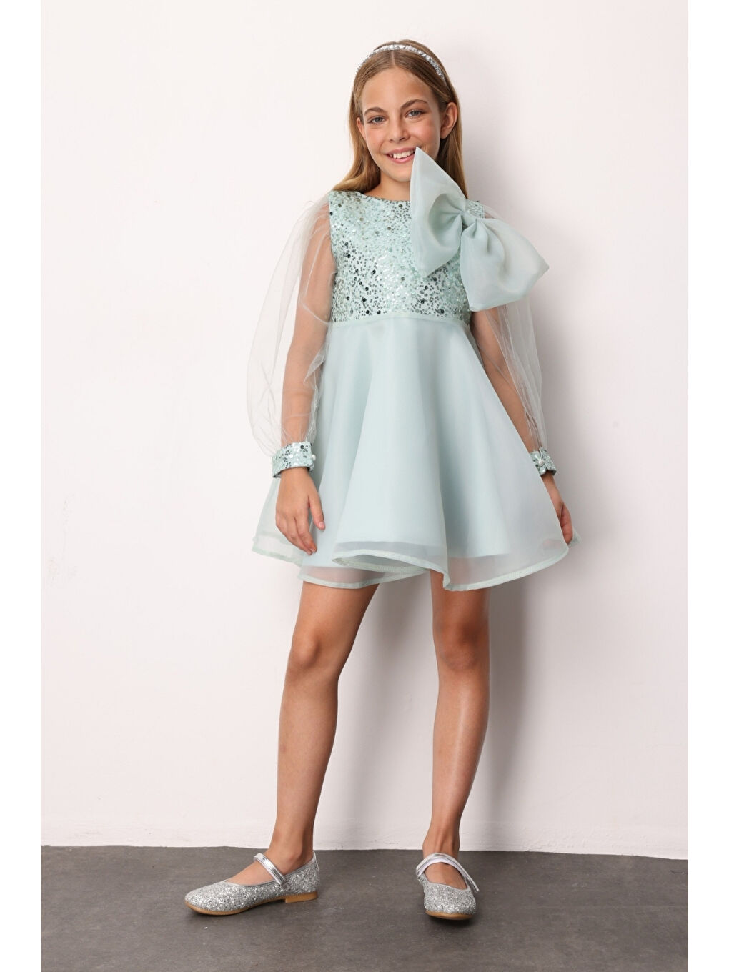 Yeşil Mint Fiyonk Detaylı Pullu Kız Çocuk Elbise - Wendy-1