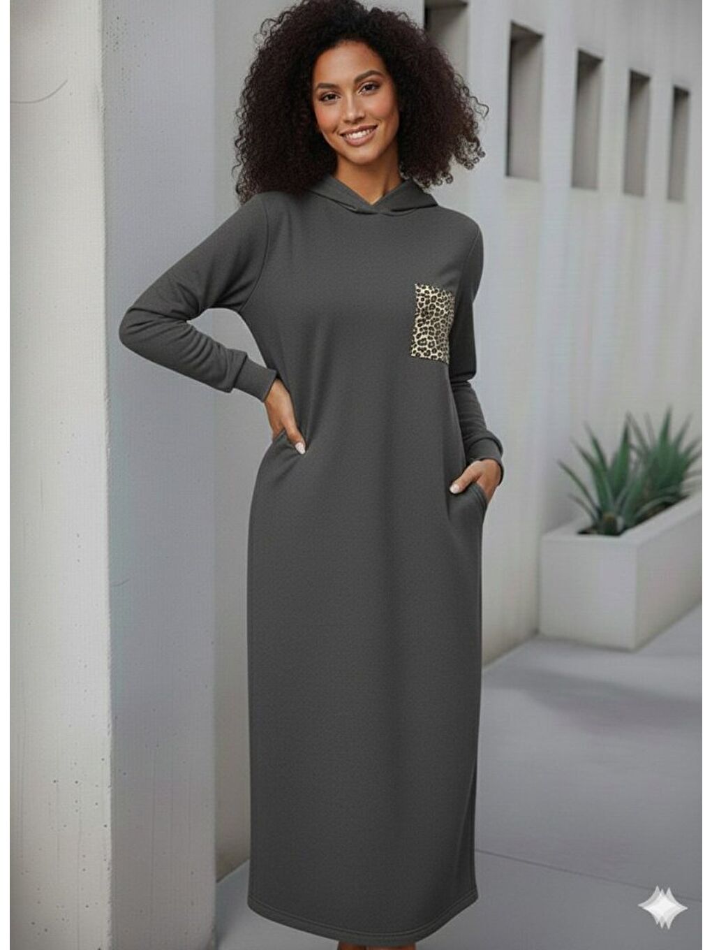 Antrasit Kadın Uzun Kollu Kapüşonlu Cep Detaylı Viskon Iki Iplik Maxi Elbise
