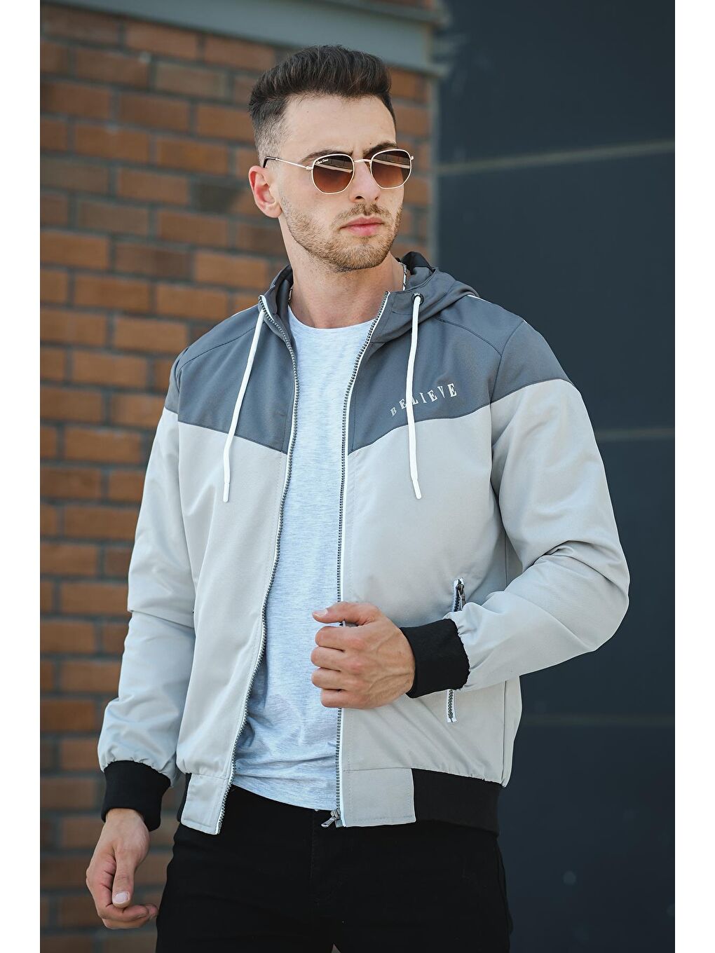 Gri Believe Baskılı Suya Dayanaklı Slim Fit Erkek Mevsimlik Mont Yağmurluk-2