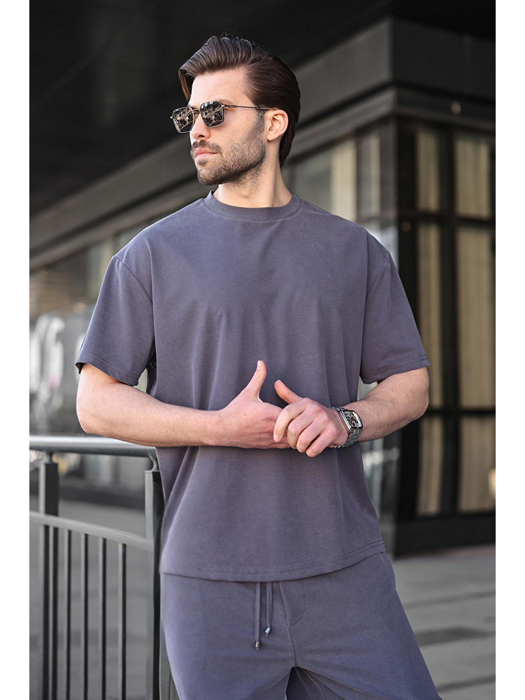 Gri Füme Kumaş Erkek Şort Tişört Takım E7349-2