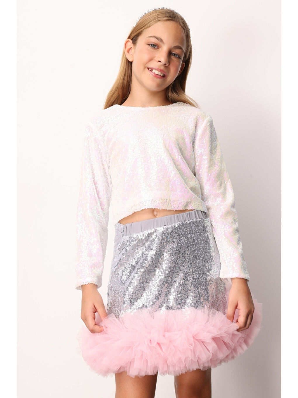 Gri Gümüş Pullu Ucu Tül Detaylı Kız Çocuk Etek - Sheron-1