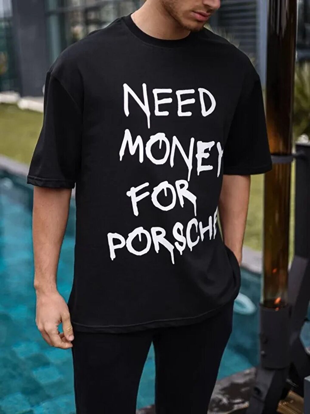 Unisex Bisiklet Yaka Baskılı Oversize T-Shirt - Siyah-1