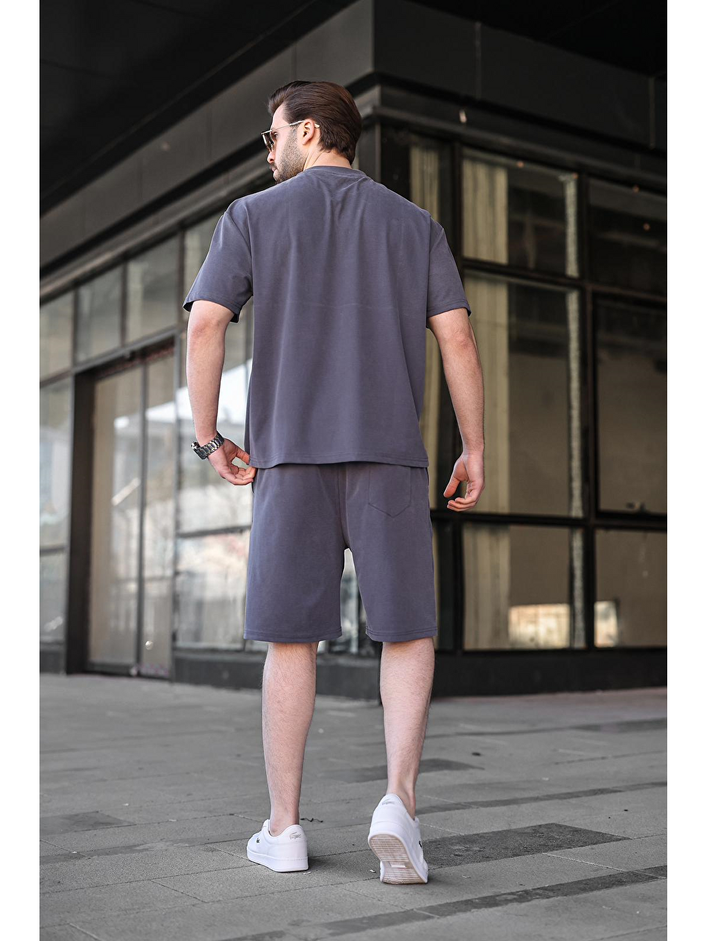 Gri Füme Kumaş Erkek Şort Tişört Takım E7349-3
