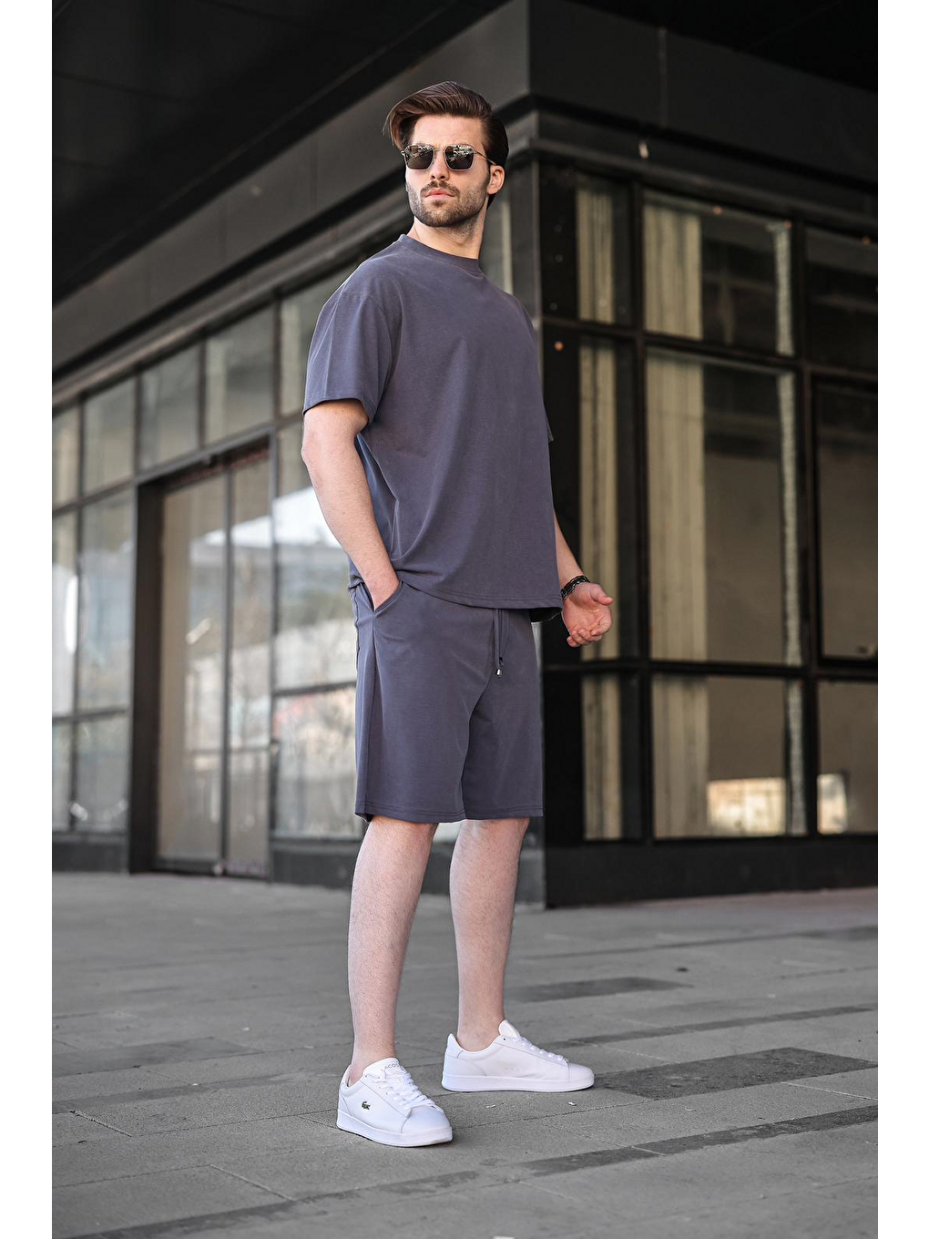 Gri Füme Kumaş Erkek Şort Tişört Takım E7349-4