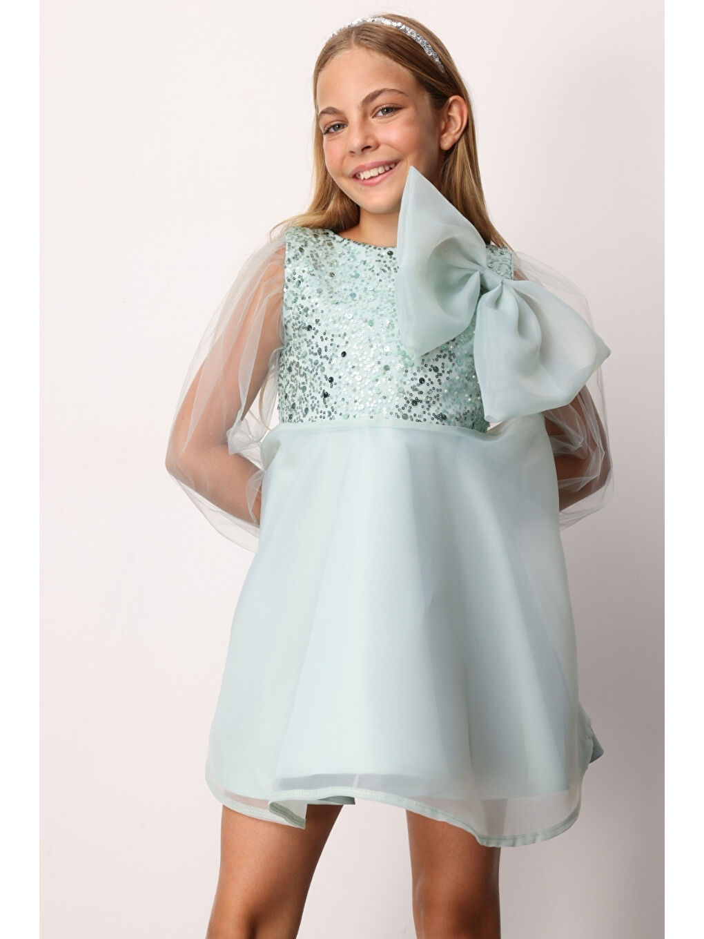 Yeşil Mint Fiyonk Detaylı Pullu Kız Çocuk Elbise - Wendy-2