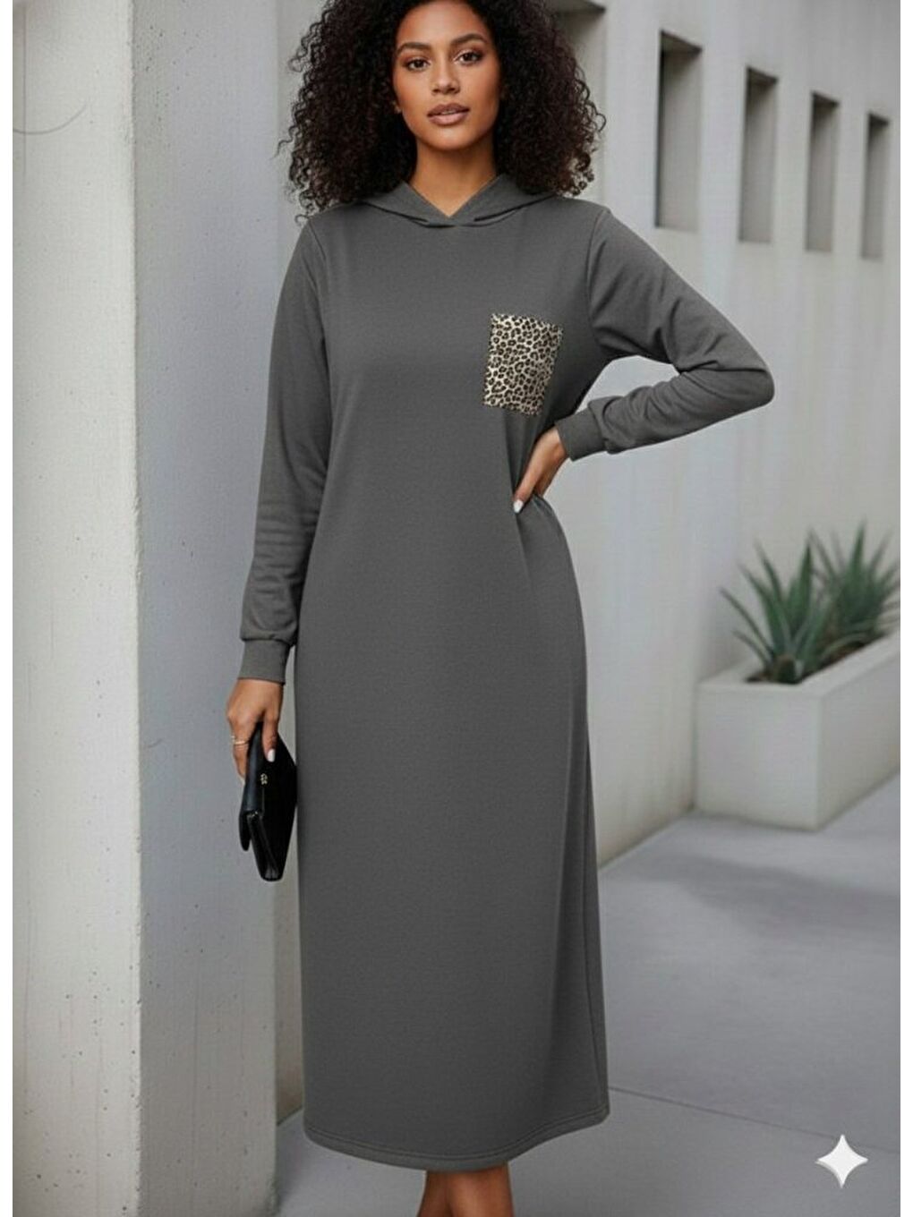Antrasit Kadın Uzun Kollu Kapüşonlu Cep Detaylı Viskon Iki Iplik Maxi Elbise-1
