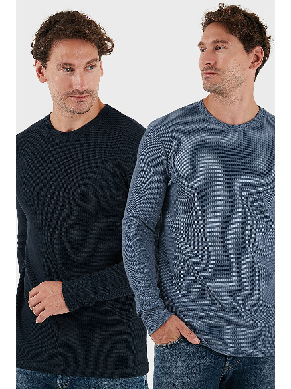 Lacivert Pamuklu Bisiklet Yaka Slim Fit Basic 2'li Paket Sweat 5905073S2