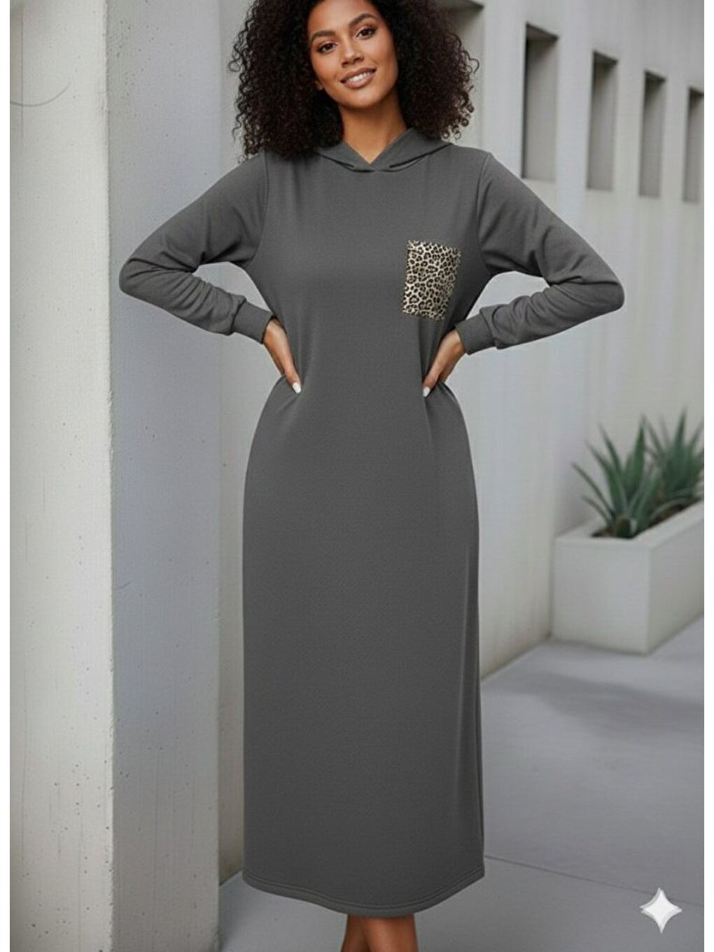 Antrasit Kadın Uzun Kollu Kapüşonlu Cep Detaylı Viskon Iki Iplik Maxi Elbise-2