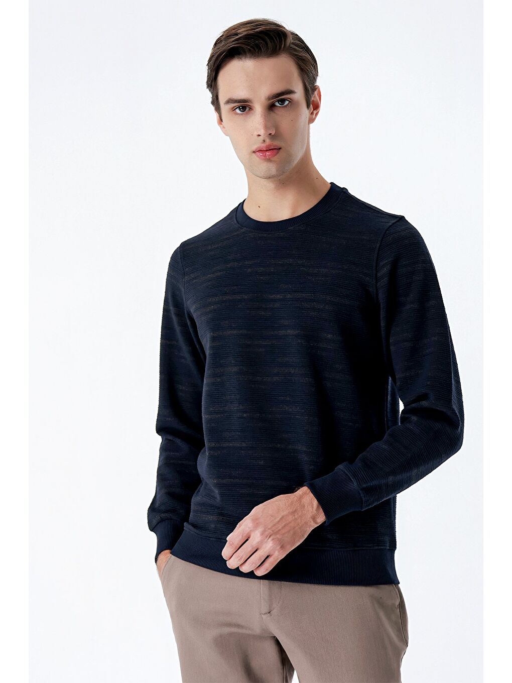 Koyu Lacivert Uzun Kollu  Örme Bisiklet Yaka   Elastanlı Casual Comfort Fit Sweatshirt 1013235105