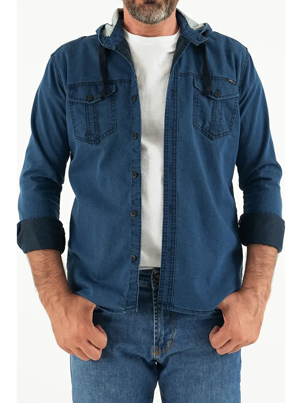 Lacivert Erkek Slim Fit Dar Kalıp Kapüşonlu Jean Gömlek