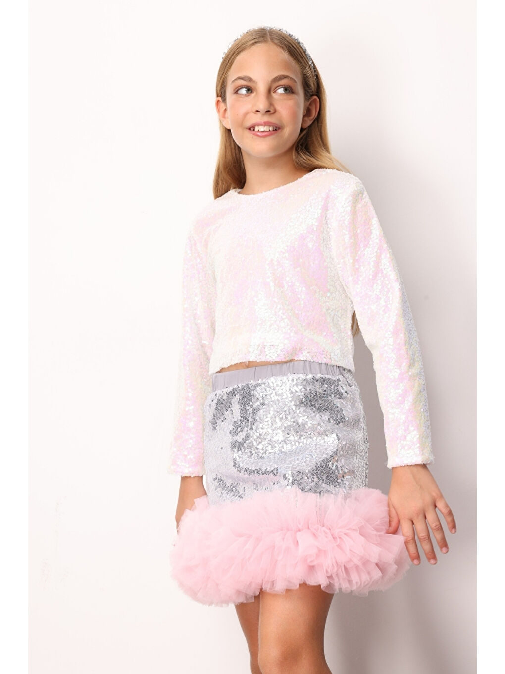 Gri Gümüş Pullu Ucu Tül Detaylı Kız Çocuk Etek - Sheron-2