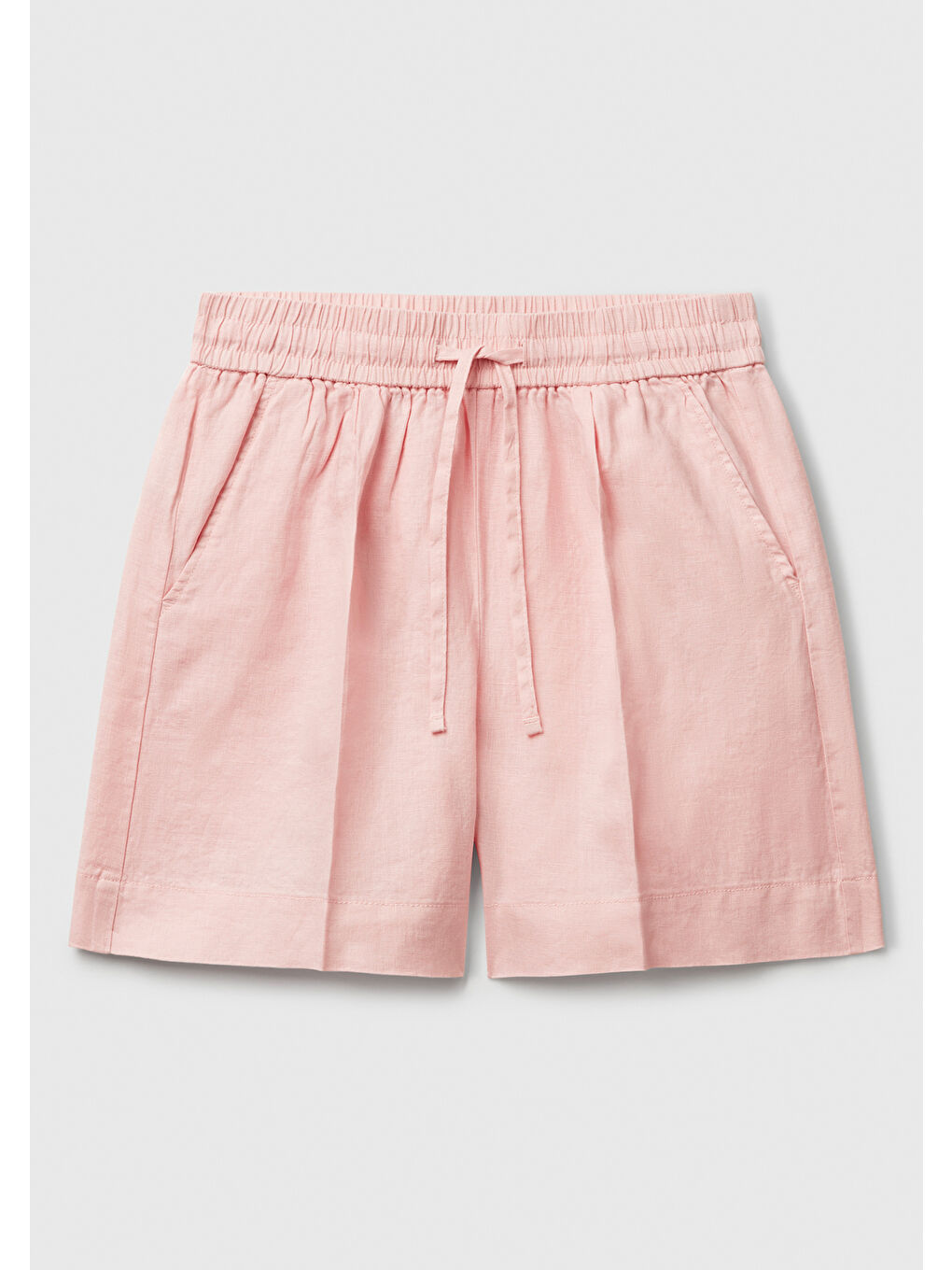 Kadın Pembe %100 Keten Büzgü İpli Cepli Bermuda Şort-1
