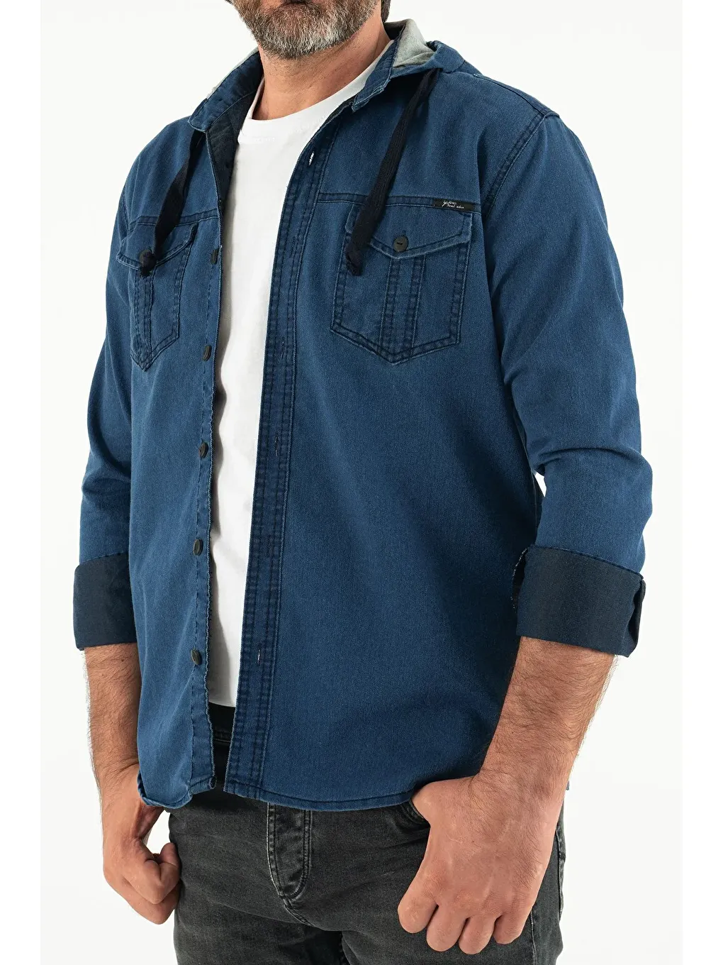 Lacivert Erkek Slim Fit Dar Kalıp Kapüşonlu Jean Gömlek-2