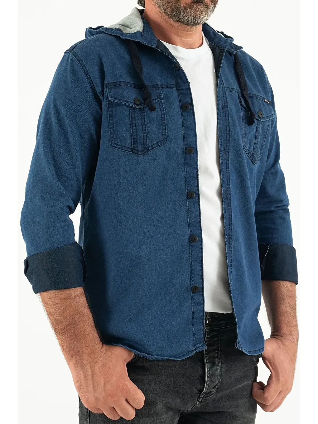 Lacivert Erkek Slim Fit Dar Kalıp Kapüşonlu Jean Gömlek-3