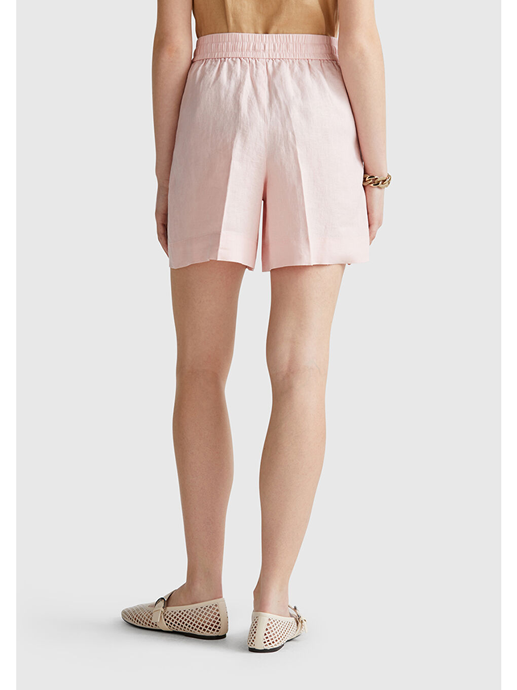 Kadın Pembe %100 Keten Büzgü İpli Cepli Bermuda Şort-2