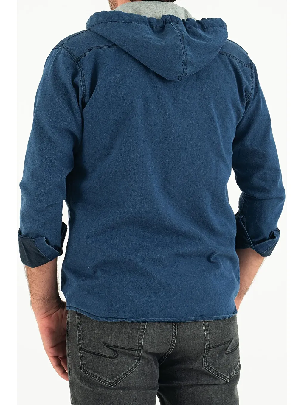 Lacivert Erkek Slim Fit Dar Kalıp Kapüşonlu Jean Gömlek-4