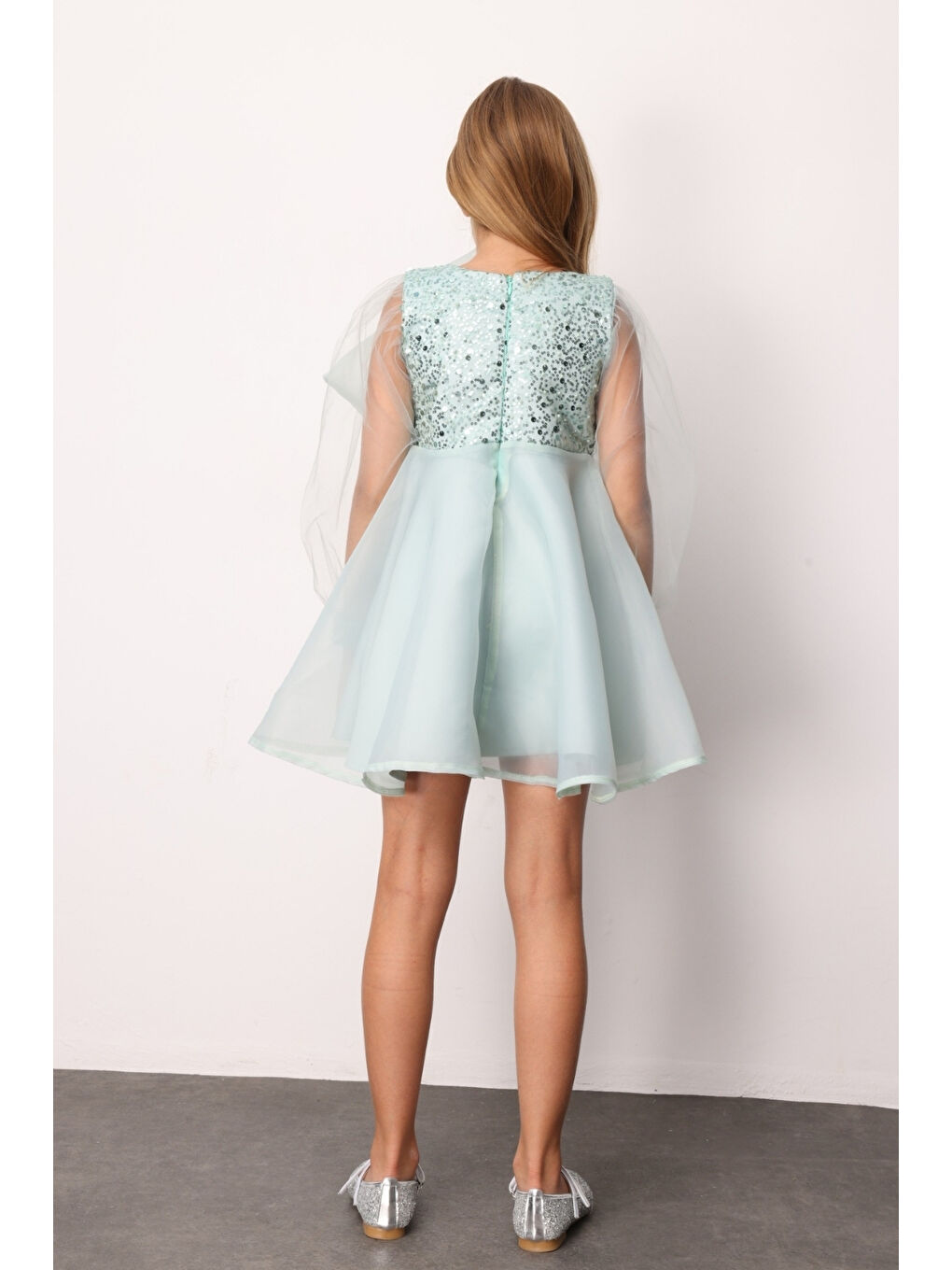 Yeşil Mint Fiyonk Detaylı Pullu Kız Çocuk Elbise - Wendy-3