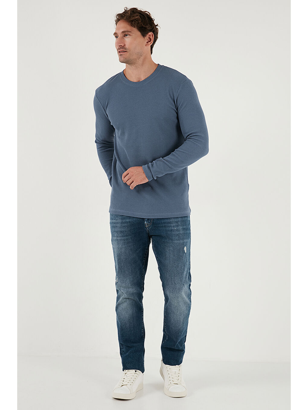 Lacivert Pamuklu Bisiklet Yaka Slim Fit Basic 2'li Paket Sweat 5905073S2-3