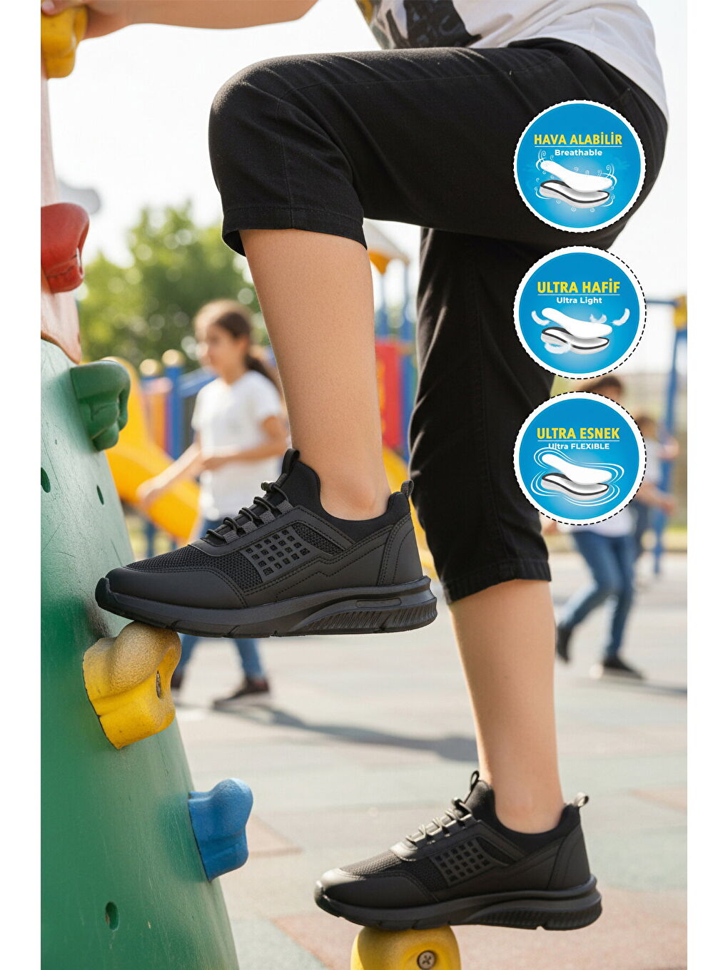 Siyah Füme Fileli Hafif Esnek Unisex Çocuk Spor Ayakkabı 9060 Motano F-2