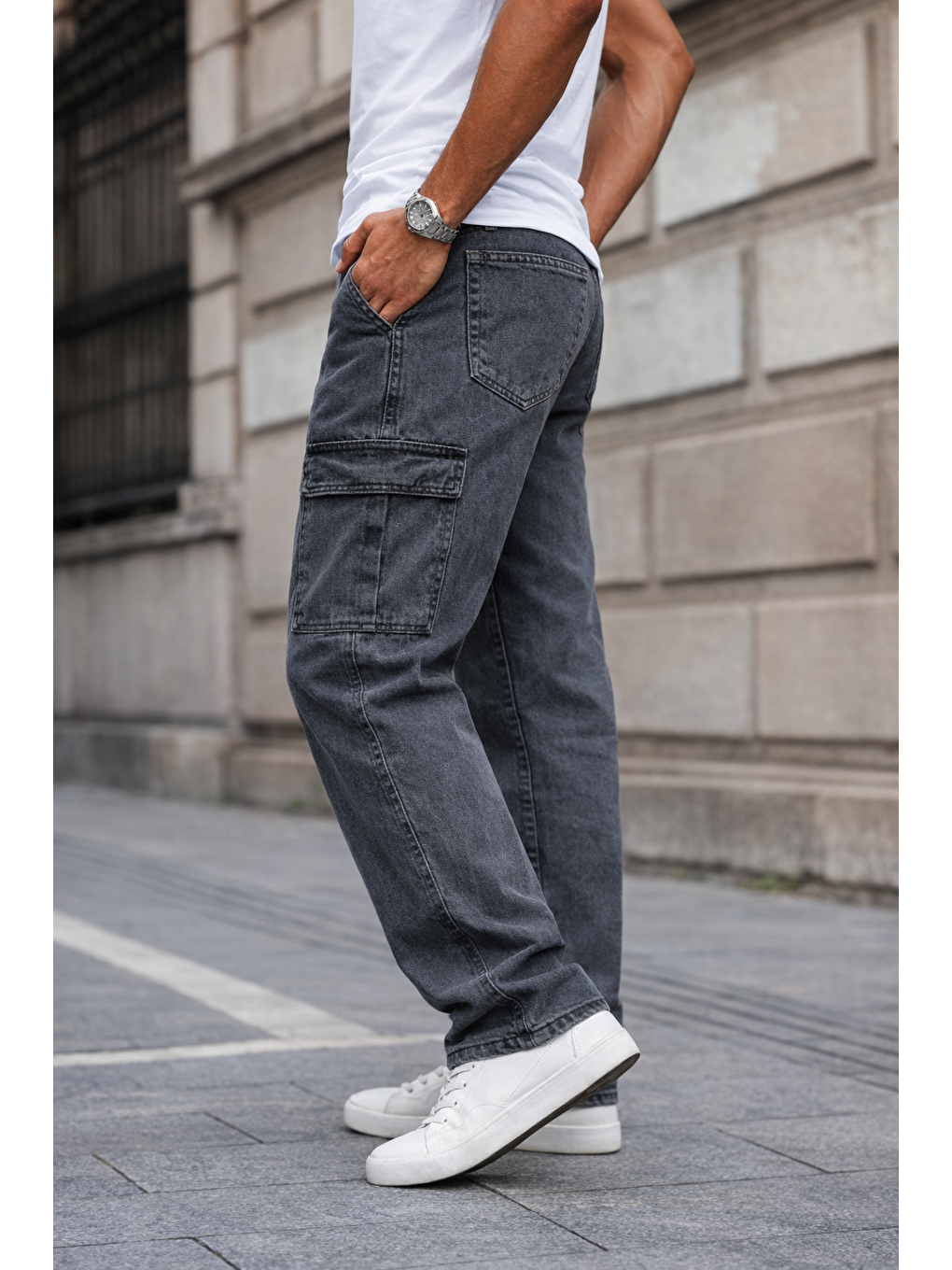 Erkek Kargo Cepli Pamuklu Antrasit Baggy Pantolon-1