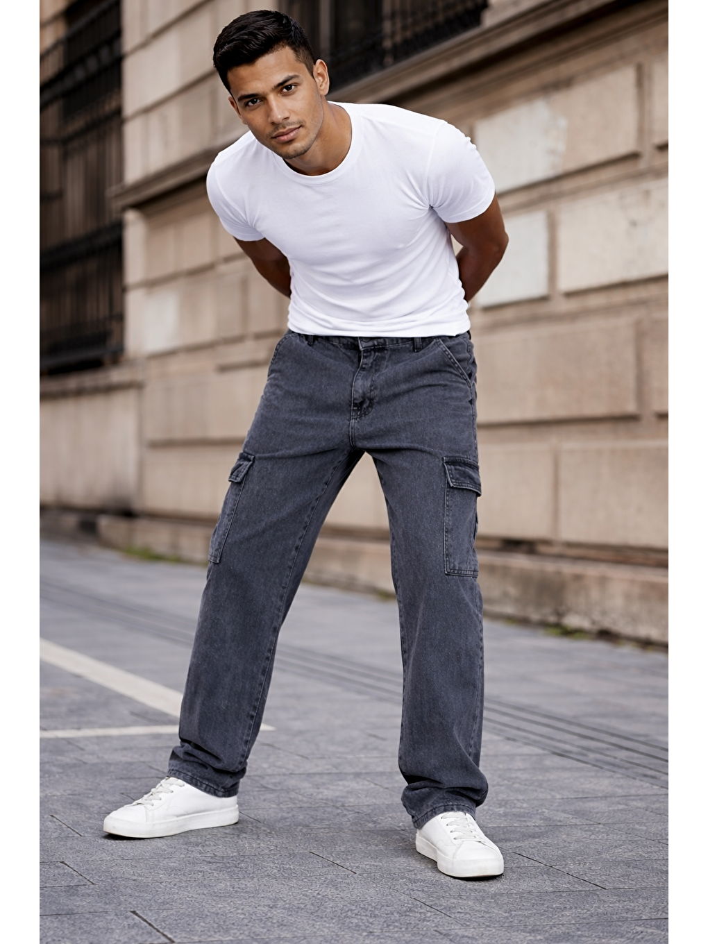 Erkek Kargo Cepli Pamuklu Antrasit Baggy Pantolon-3