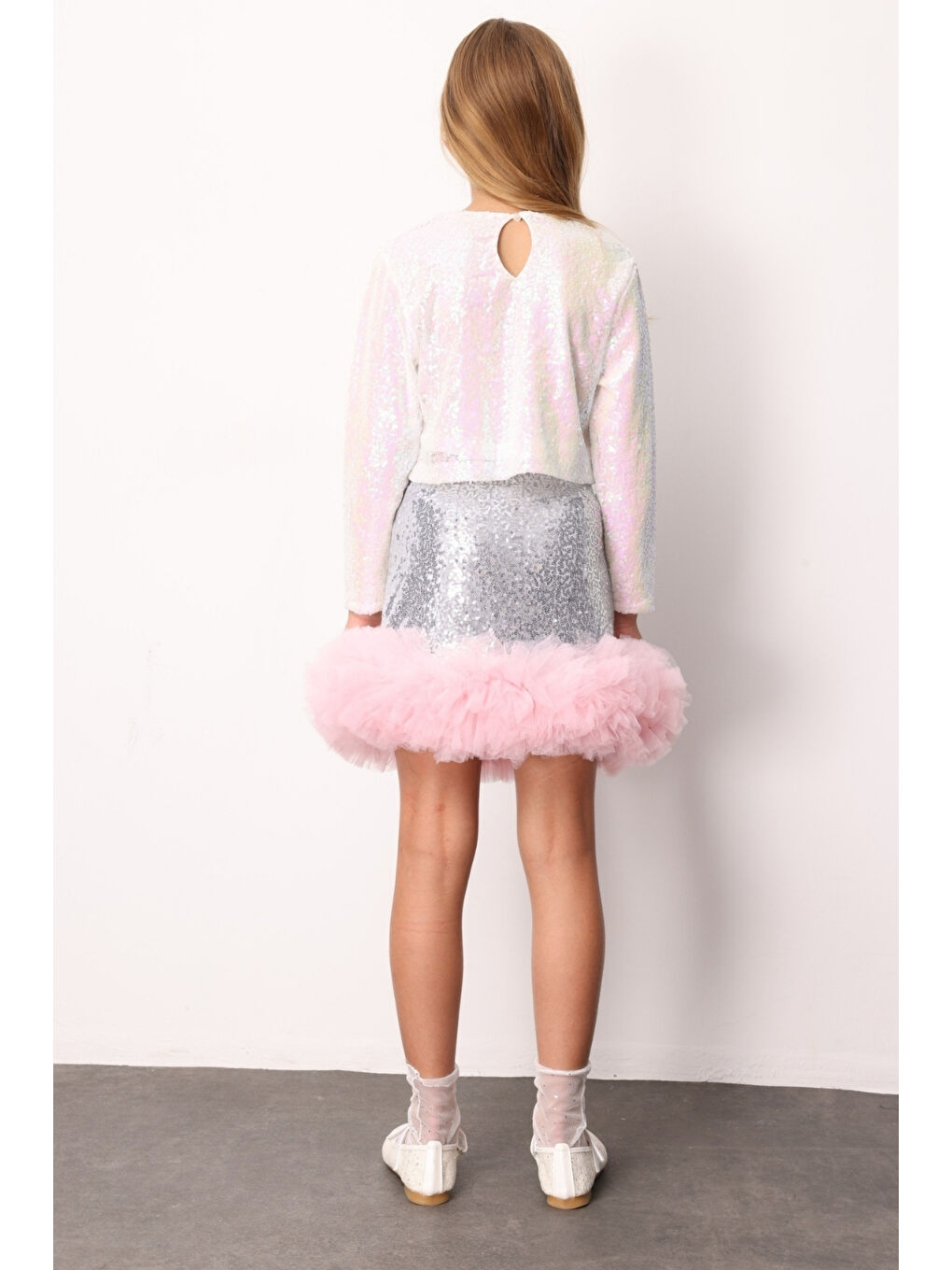 Gri Gümüş Pullu Ucu Tül Detaylı Kız Çocuk Etek - Sheron-3
