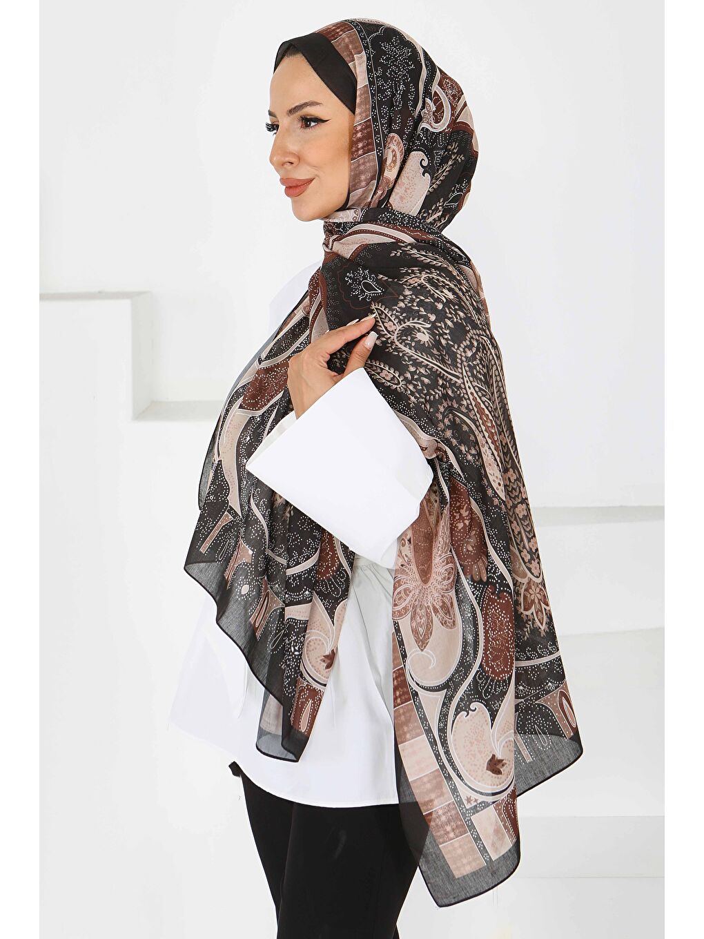 Etnik Pamuk Vual Desen Şal Siyah - 27597-1