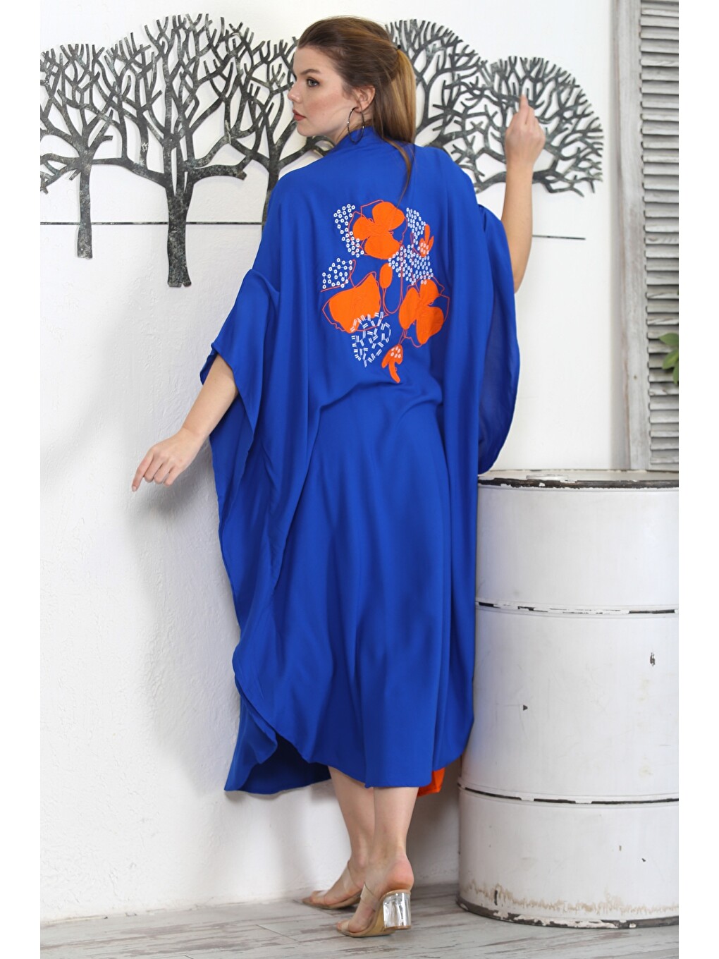 Turuncu-mavi Hakim Yaka 3/4 Kol Fleto Cep Nakışlı Casual Oversize Dokuma Elbise-7