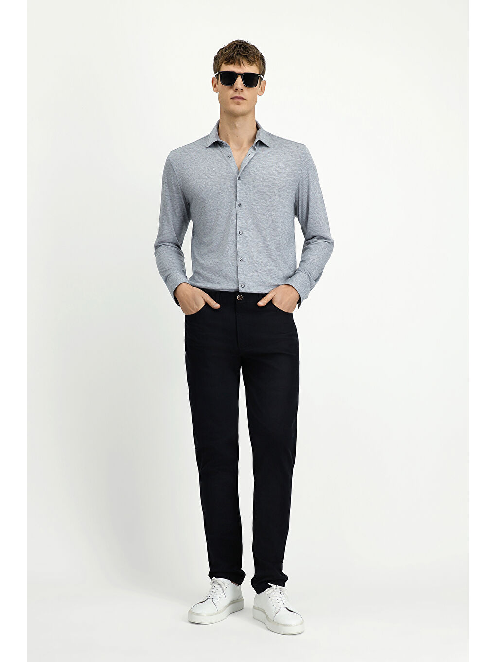 Gri Uzun Kol Regular Fit Düz Örme Gömlek-1