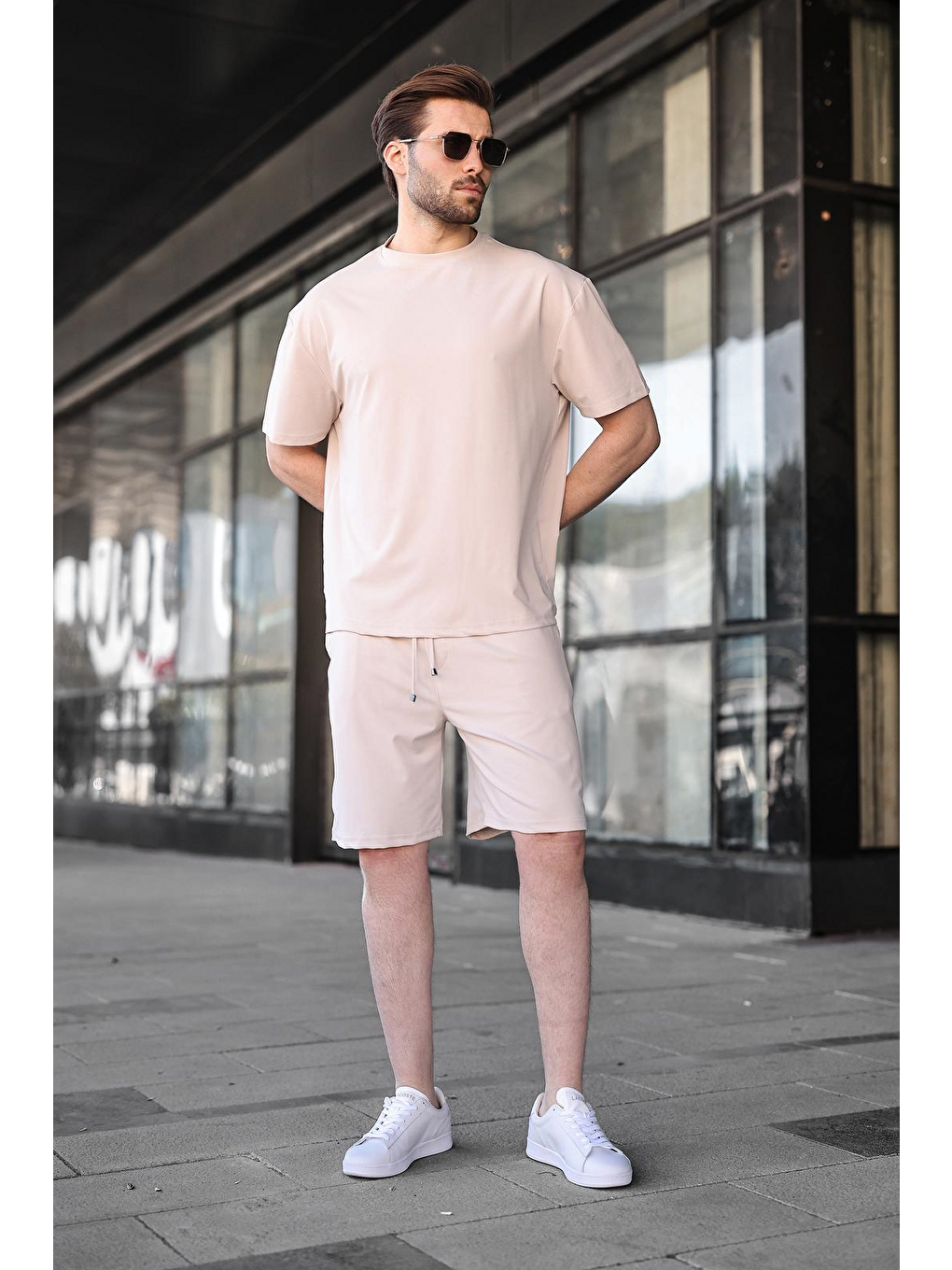 Bej Kumaş Erkek Şort Tişört Takım E7349-1
