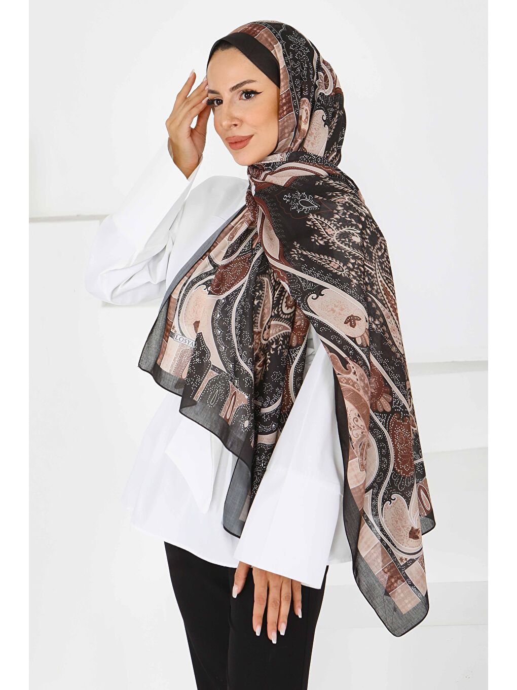 Etnik Pamuk Vual Desen Şal Siyah - 27597-2