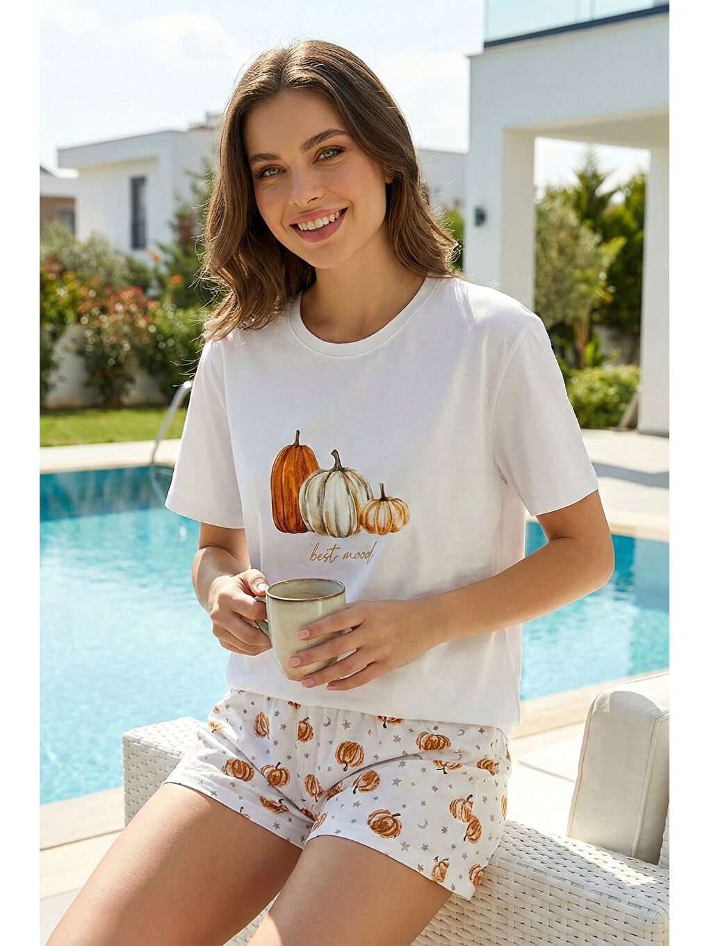 Kadın Kısa Kol Suprem Kumaş Şortlu Pijama Takımı 90782-3325 Beyaz02-1