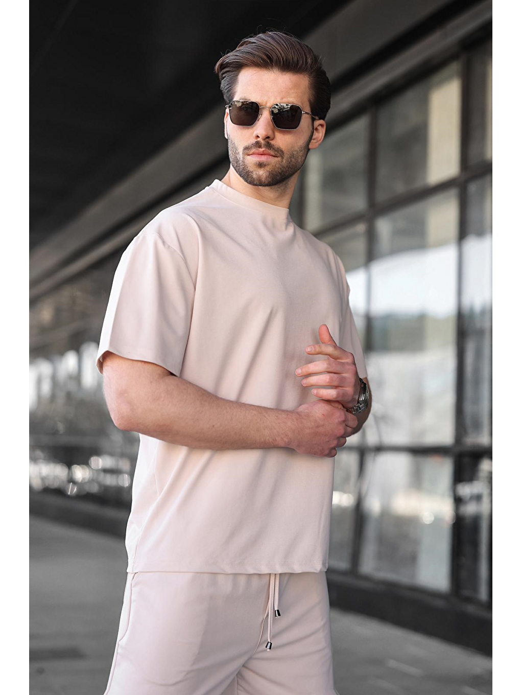 Bej Kumaş Erkek Şort Tişört Takım E7349-2