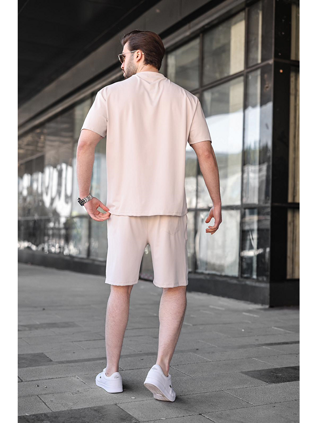 Bej Kumaş Erkek Şort Tişört Takım E7349-3